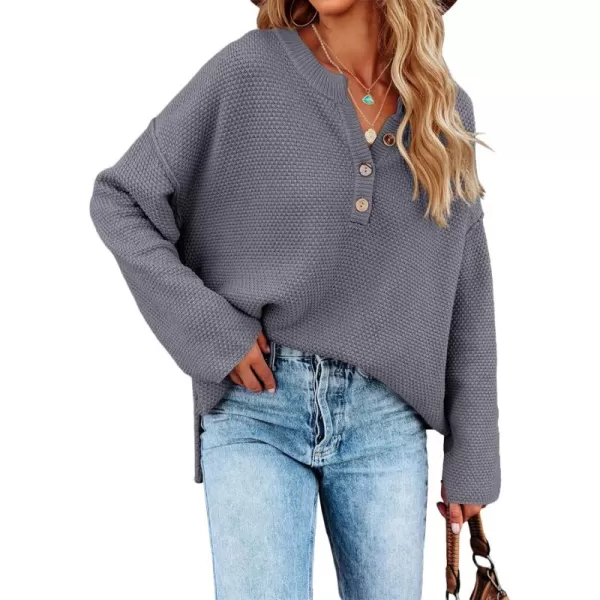 Saodimallsu Womens Oversized Sweaters Batwing Long Sleeve Loose V Neck Button Henley Tops Pullover Knit JumperZ1 Dark Grey