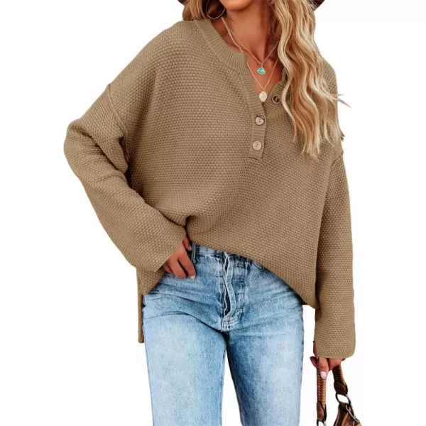 Saodimallsu Womens Oversized Sweaters Batwing Long Sleeve Loose V Neck Button Henley Tops Pullover Knit JumperZ1 Dark Khaki