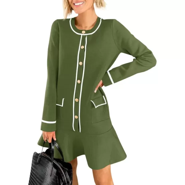 Saodimallsu Womens Ruffle Sweater Dress Button Fall Crew Neck Trendy Color Block Long Sleeve Mini Dresses with PocketsArmy Green