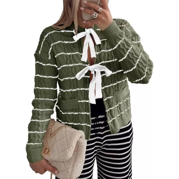 Saodimallsu Womens Striped Tie Front Cardigan Sweaters Crew Neck Long Sleeve Cable Knit Bow Knot Trendy Sweater TopsArmy Green