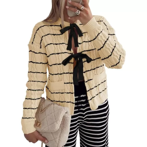 Saodimallsu Womens Striped Tie Front Cardigan Sweaters Crew Neck Long Sleeve Cable Knit Bow Knot Trendy Sweater TopsBeige