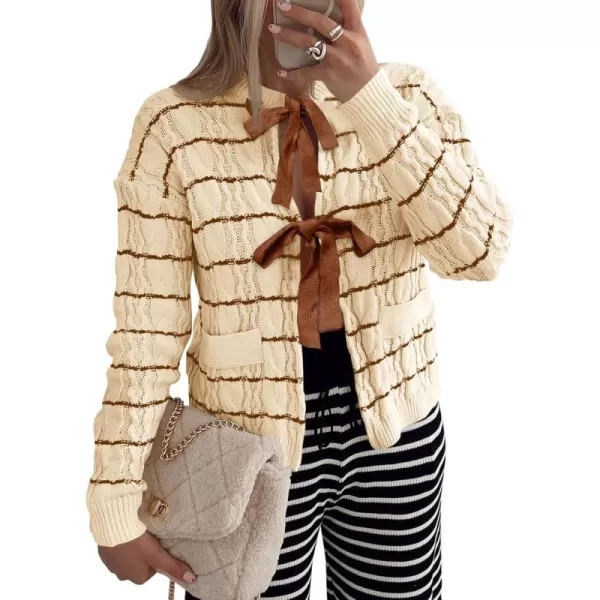 Saodimallsu Womens Striped Tie Front Cardigan Sweaters Crew Neck Long Sleeve Cable Knit Bow Knot Trendy Sweater TopsBeige Yellow