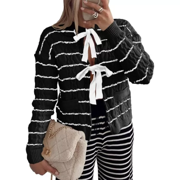 Saodimallsu Womens Striped Tie Front Cardigan Sweaters Crew Neck Long Sleeve Cable Knit Bow Knot Trendy Sweater TopsBlack