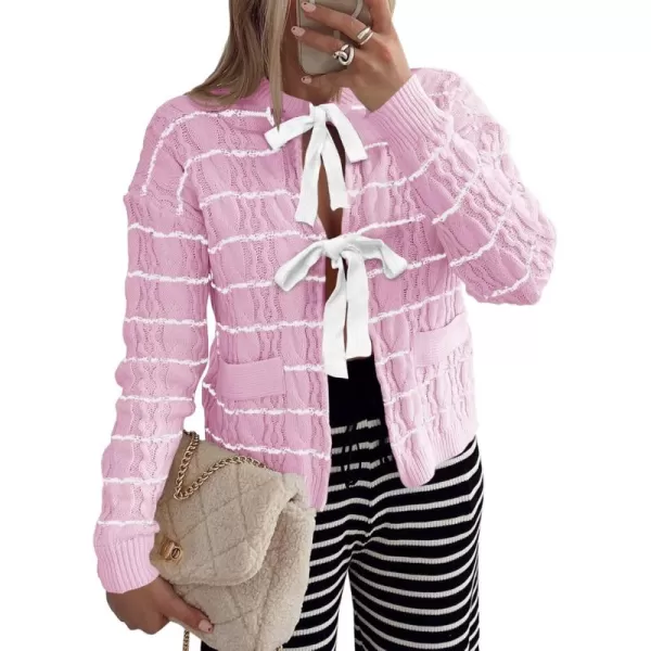 Saodimallsu Womens Striped Tie Front Cardigan Sweaters Crew Neck Long Sleeve Cable Knit Bow Knot Trendy Sweater TopsPink