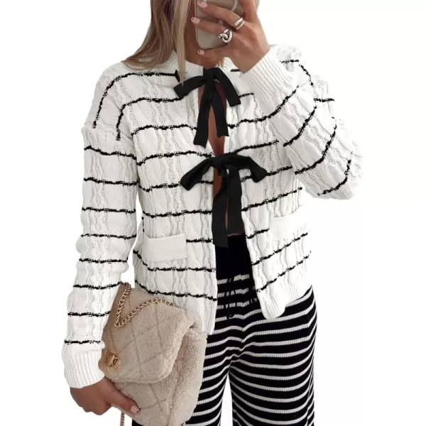 Saodimallsu Womens Striped Tie Front Cardigan Sweaters Crew Neck Long Sleeve Cable Knit Bow Knot Trendy Sweater TopsWhite