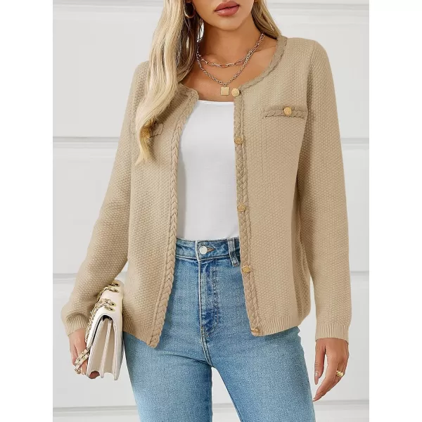 Saodimallsu Womens Button Up Cardigan Long Sleeve Open Front Cable Knit Fall Trendy Sweater Jacket with PocketsBeige