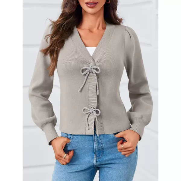 Saodimallsu Womens Puff Long Sleeve Sweaters V Neck Cropped Bow Button Front Cozy Knit Cardigan Sweater TopsApricotgrey