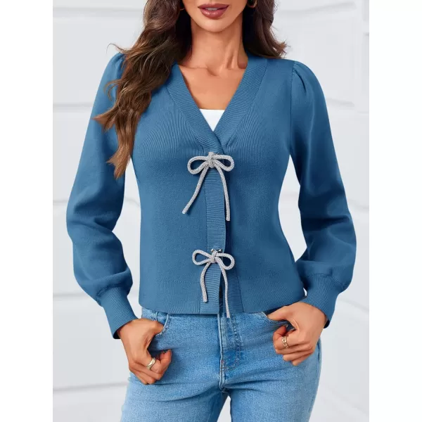 Saodimallsu Womens Puff Long Sleeve Sweaters V Neck Cropped Bow Button Front Cozy Knit Cardigan Sweater TopsBlue