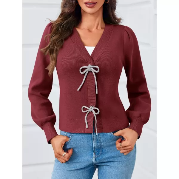 Saodimallsu Womens Puff Long Sleeve Sweaters V Neck Cropped Bow Button Front Cozy Knit Cardigan Sweater TopsBurgundy