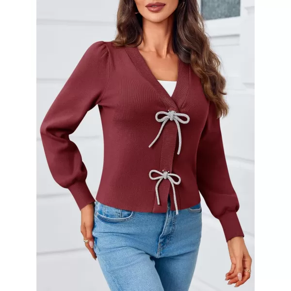 Saodimallsu Womens Puff Long Sleeve Sweaters V Neck Cropped Bow Button Front Cozy Knit Cardigan Sweater TopsBurgundy