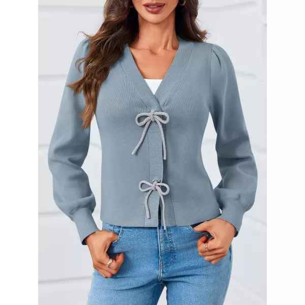 Saodimallsu Womens Puff Long Sleeve Sweaters V Neck Cropped Bow Button Front Cozy Knit Cardigan Sweater TopsGreyblue