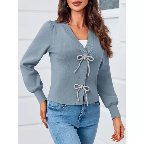 Saodimallsu Womens Puff Long Sleeve Sweaters V Neck Cropped Bow Button Front Cozy Knit Cardigan Sweater TopsGreyblue