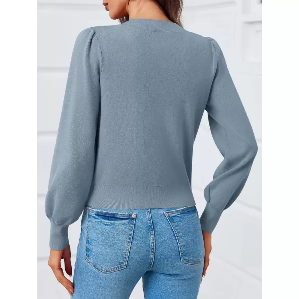 Saodimallsu Womens Puff Long Sleeve Sweaters V Neck Cropped Bow Button Front Cozy Knit Cardigan Sweater TopsGreyblue