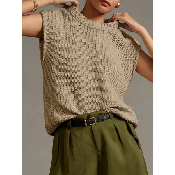 Saodimallsu Womens Sleeveless Crewneck Sweaters Ribbed Knit Tank Tops 2024 Trendy Sweater VestKhaki