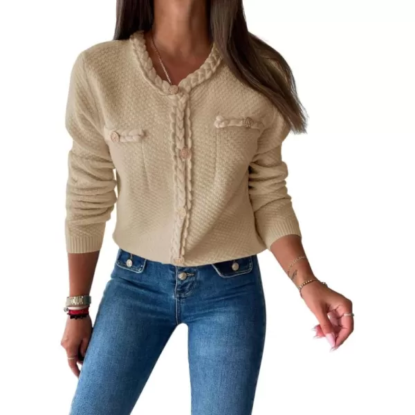 Saodimallsu Womens Button Up Cardigan Long Sleeve Open Front Cable Knit Fall Trendy Sweater Jacket with PocketsBeige