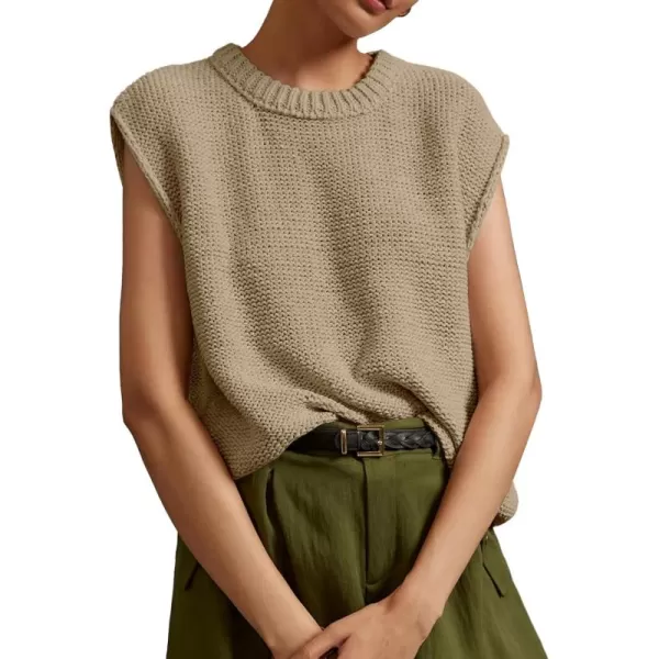 Saodimallsu Womens Sleeveless Crewneck Sweaters Ribbed Knit Tank Tops 2024 Trendy Sweater VestKhaki