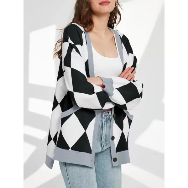 Saodimallsu Womens Checkered Oversized Cardigan Sweaters V Neck Button Down Long Sleeve Slouchy Knit Jacket CoatsBlack