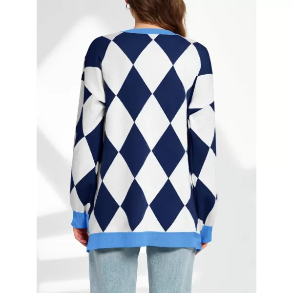 Saodimallsu Womens Checkered Oversized Cardigan Sweaters V Neck Button Down Long Sleeve Slouchy Knit Jacket CoatsBlue