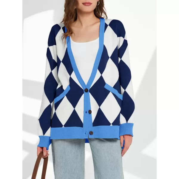 Saodimallsu Womens Checkered Oversized Cardigan Sweaters V Neck Button Down Long Sleeve Slouchy Knit Jacket CoatsBlue