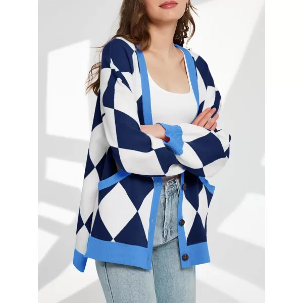 Saodimallsu Womens Checkered Oversized Cardigan Sweaters V Neck Button Down Long Sleeve Slouchy Knit Jacket CoatsBlue