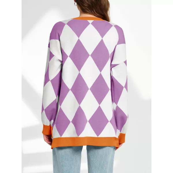 Saodimallsu Womens Checkered Oversized Cardigan Sweaters V Neck Button Down Long Sleeve Slouchy Knit Jacket CoatsPurple