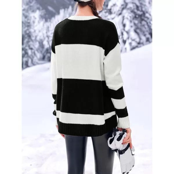 Saodimallsu Womens Color Block Oversized Sweater Ski Print Fall Trendy Crew Neck Long Sleeve Pullover Sweaters Knit TopsBlack and White