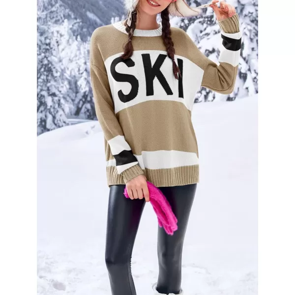 Saodimallsu Womens Color Block Oversized Sweater Ski Print Fall Trendy Crew Neck Long Sleeve Pullover Sweaters Knit TopsKhaki