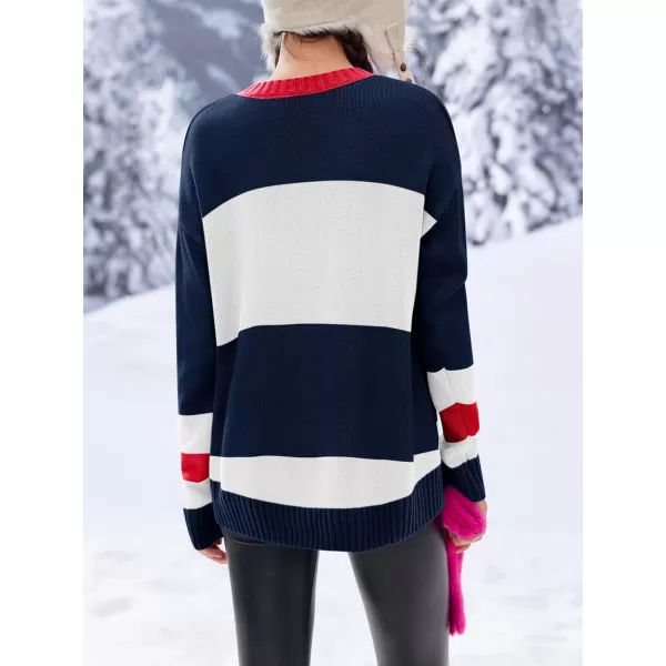 Saodimallsu Womens Color Block Oversized Sweater Ski Print Fall Trendy Crew Neck Long Sleeve Pullover Sweaters Knit TopsNavy Blue