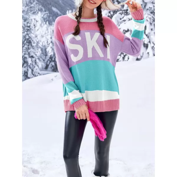 Saodimallsu Womens Color Block Oversized Sweater Ski Print Fall Trendy Crew Neck Long Sleeve Pullover Sweaters Knit TopsPurple