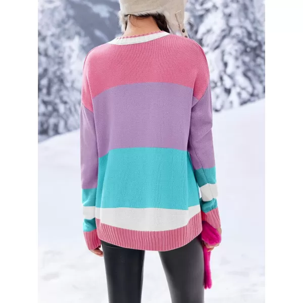 Saodimallsu Womens Color Block Oversized Sweater Ski Print Fall Trendy Crew Neck Long Sleeve Pullover Sweaters Knit TopsPurple