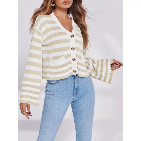 Saodimallsu Womens Striped Cardigan Sweaters Cropped Fall Button Open Front Long Sleeve Knit Sweater Coat with PocketsApricot