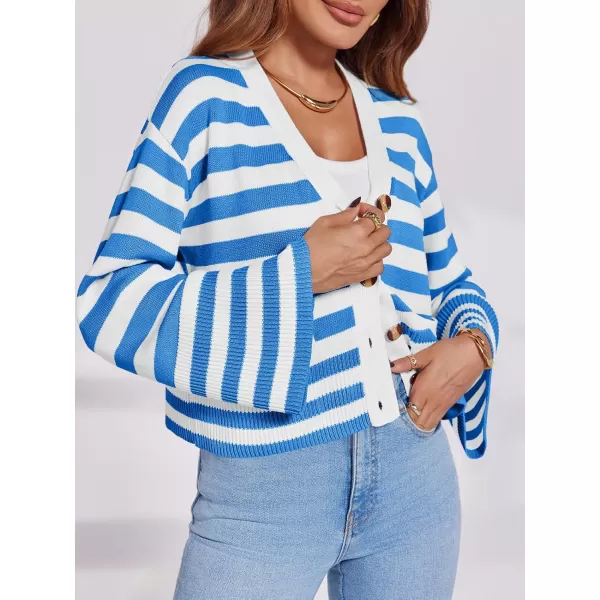 Saodimallsu Womens Striped Cardigan Sweaters Cropped Fall Button Open Front Long Sleeve Knit Sweater Coat with PocketsBlue