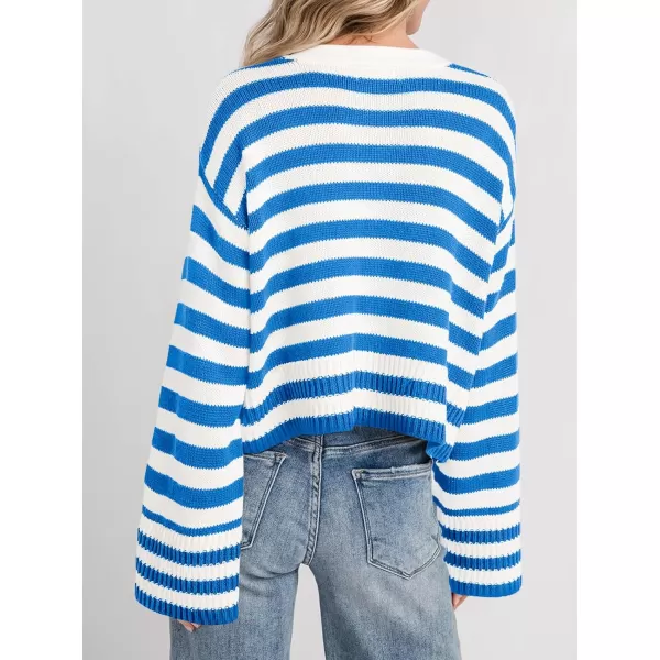 Saodimallsu Womens Striped Cardigan Sweaters Cropped Fall Button Open Front Long Sleeve Knit Sweater Coat with PocketsBlue