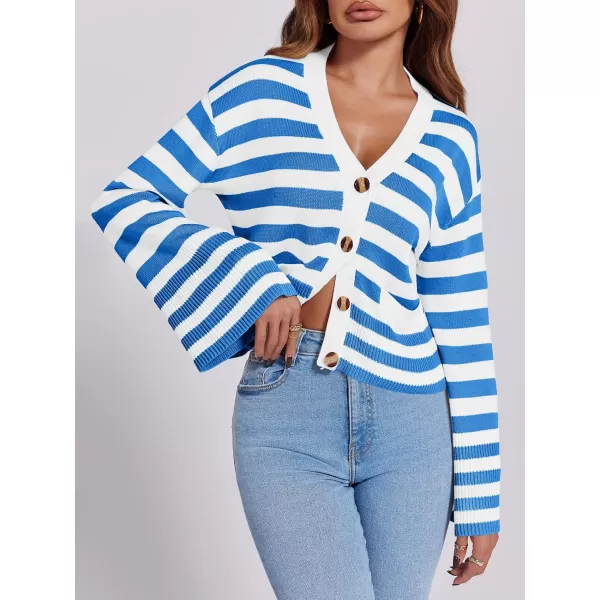 Saodimallsu Womens Striped Cardigan Sweaters Cropped Fall Button Open Front Long Sleeve Knit Sweater Coat with PocketsBlue