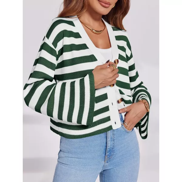 Saodimallsu Womens Striped Cardigan Sweaters Cropped Fall Button Open Front Long Sleeve Knit Sweater Coat with PocketsDark Green