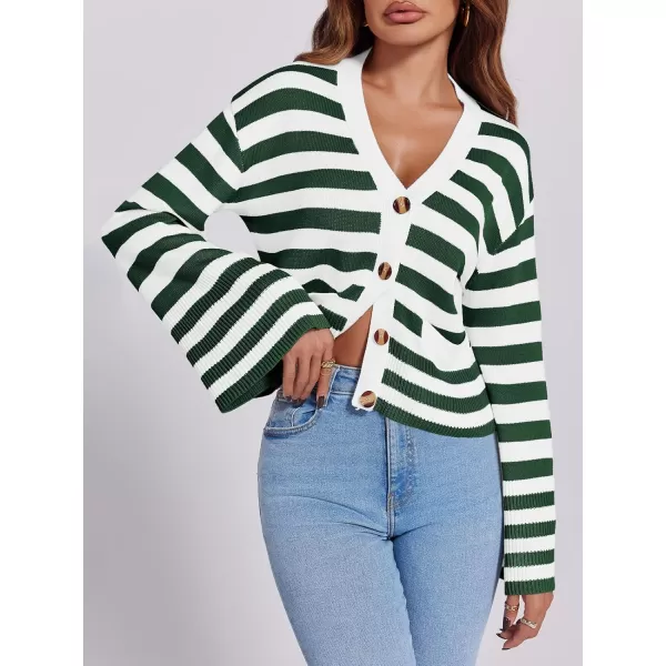 Saodimallsu Womens Striped Cardigan Sweaters Cropped Fall Button Open Front Long Sleeve Knit Sweater Coat with PocketsDark Green