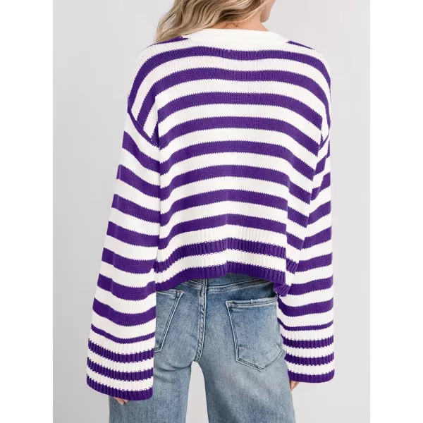 Saodimallsu Womens Striped Cardigan Sweaters Cropped Fall Button Open Front Long Sleeve Knit Sweater Coat with PocketsPurple