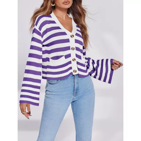 Saodimallsu Womens Striped Cardigan Sweaters Cropped Fall Button Open Front Long Sleeve Knit Sweater Coat with PocketsPurple