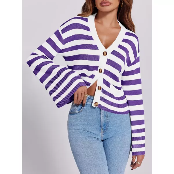 Saodimallsu Womens Striped Cardigan Sweaters Cropped Fall Button Open Front Long Sleeve Knit Sweater Coat with PocketsPurple