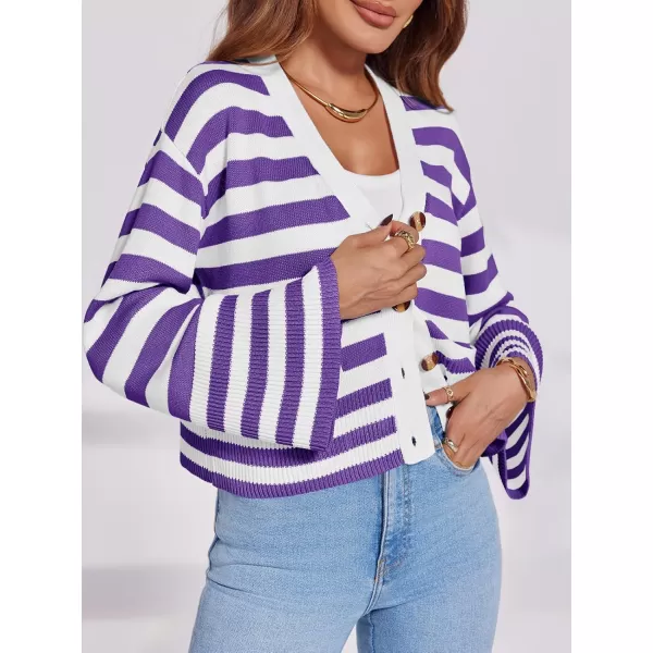 Saodimallsu Womens Striped Cardigan Sweaters Cropped Fall Button Open Front Long Sleeve Knit Sweater Coat with PocketsPurple