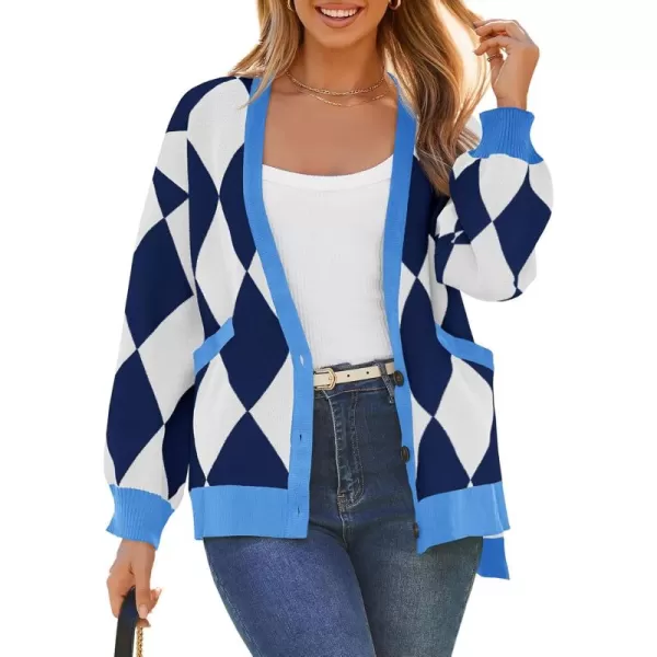 Saodimallsu Womens Checkered Oversized Cardigan Sweaters V Neck Button Down Long Sleeve Slouchy Knit Jacket CoatsBlue