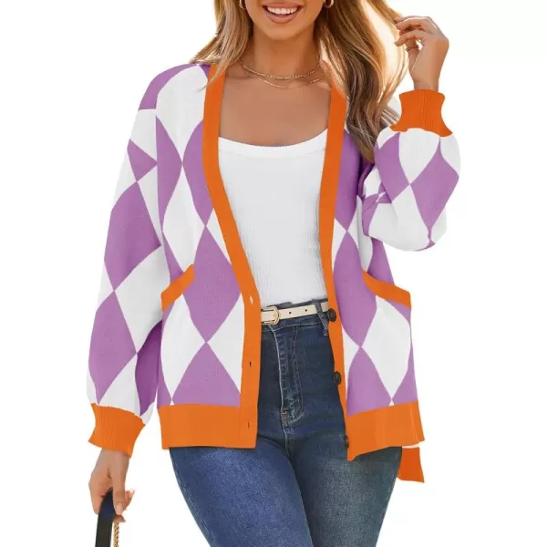 Saodimallsu Womens Checkered Oversized Cardigan Sweaters V Neck Button Down Long Sleeve Slouchy Knit Jacket CoatsPurple