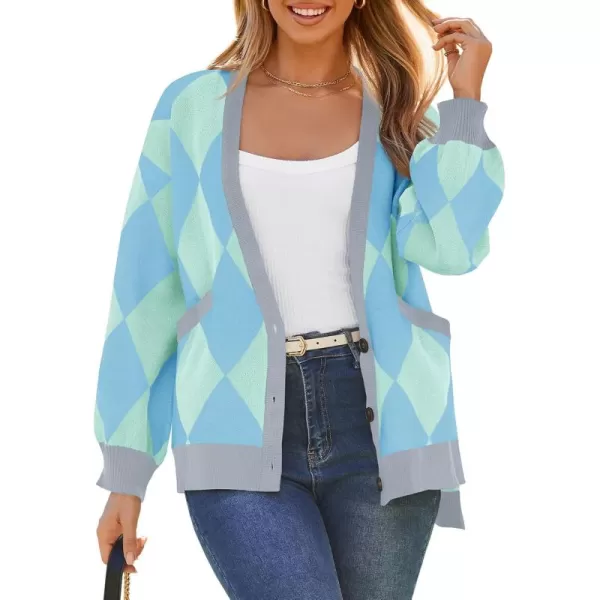 Saodimallsu Womens Checkered Oversized Cardigan Sweaters V Neck Button Down Long Sleeve Slouchy Knit Jacket CoatsSky Blue