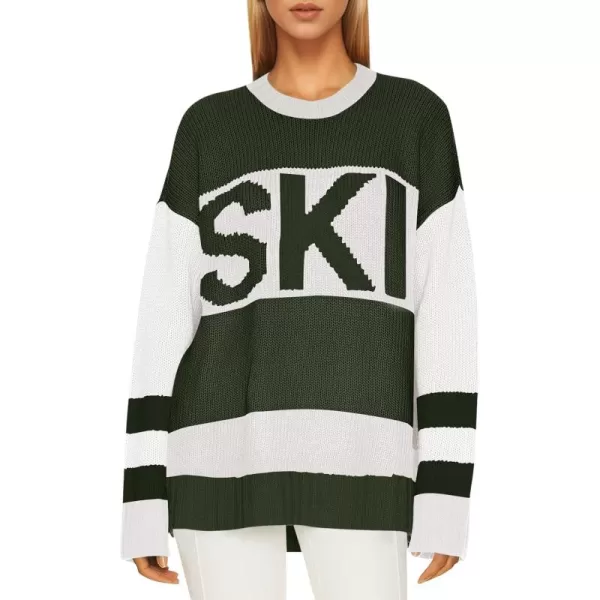 Saodimallsu Womens Color Block Oversized Sweater Ski Print Fall Trendy Crew Neck Long Sleeve Pullover Sweaters Knit TopsArmy Green