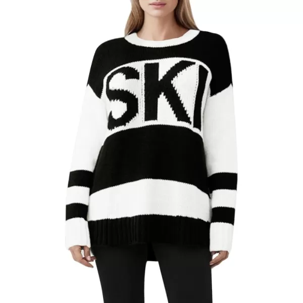 Saodimallsu Womens Color Block Oversized Sweater Ski Print Fall Trendy Crew Neck Long Sleeve Pullover Sweaters Knit TopsBlack and White