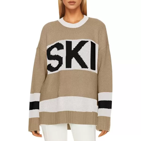 Saodimallsu Womens Color Block Oversized Sweater Ski Print Fall Trendy Crew Neck Long Sleeve Pullover Sweaters Knit TopsKhaki