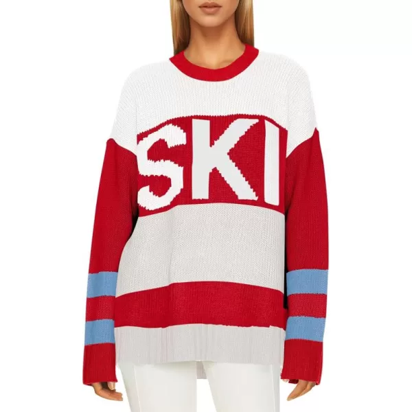 Saodimallsu Womens Color Block Oversized Sweater Ski Print Fall Trendy Crew Neck Long Sleeve Pullover Sweaters Knit TopsRed