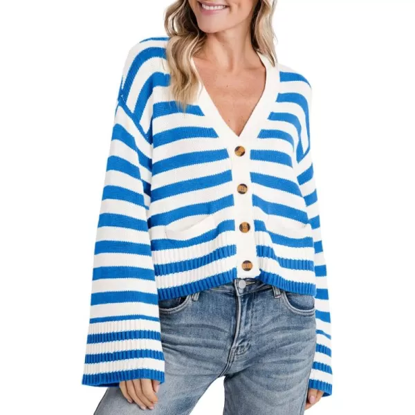 Saodimallsu Womens Striped Cardigan Sweaters Cropped Fall Button Open Front Long Sleeve Knit Sweater Coat with PocketsBlue