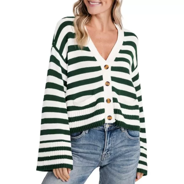 Saodimallsu Womens Striped Cardigan Sweaters Cropped Fall Button Open Front Long Sleeve Knit Sweater Coat with PocketsDark Green