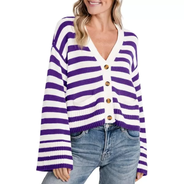 Saodimallsu Womens Striped Cardigan Sweaters Cropped Fall Button Open Front Long Sleeve Knit Sweater Coat with PocketsPurple